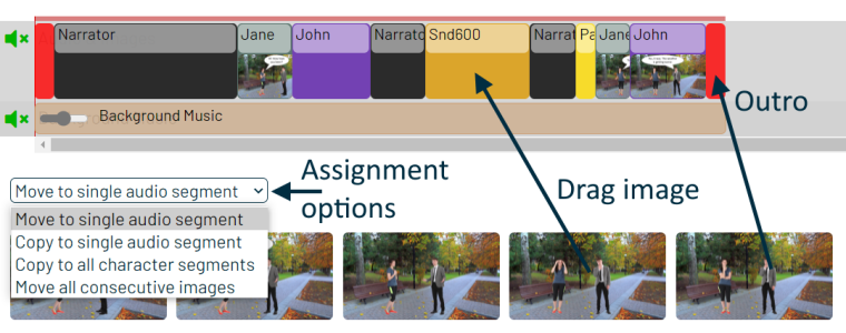 User interface elements to assign images to speech segments